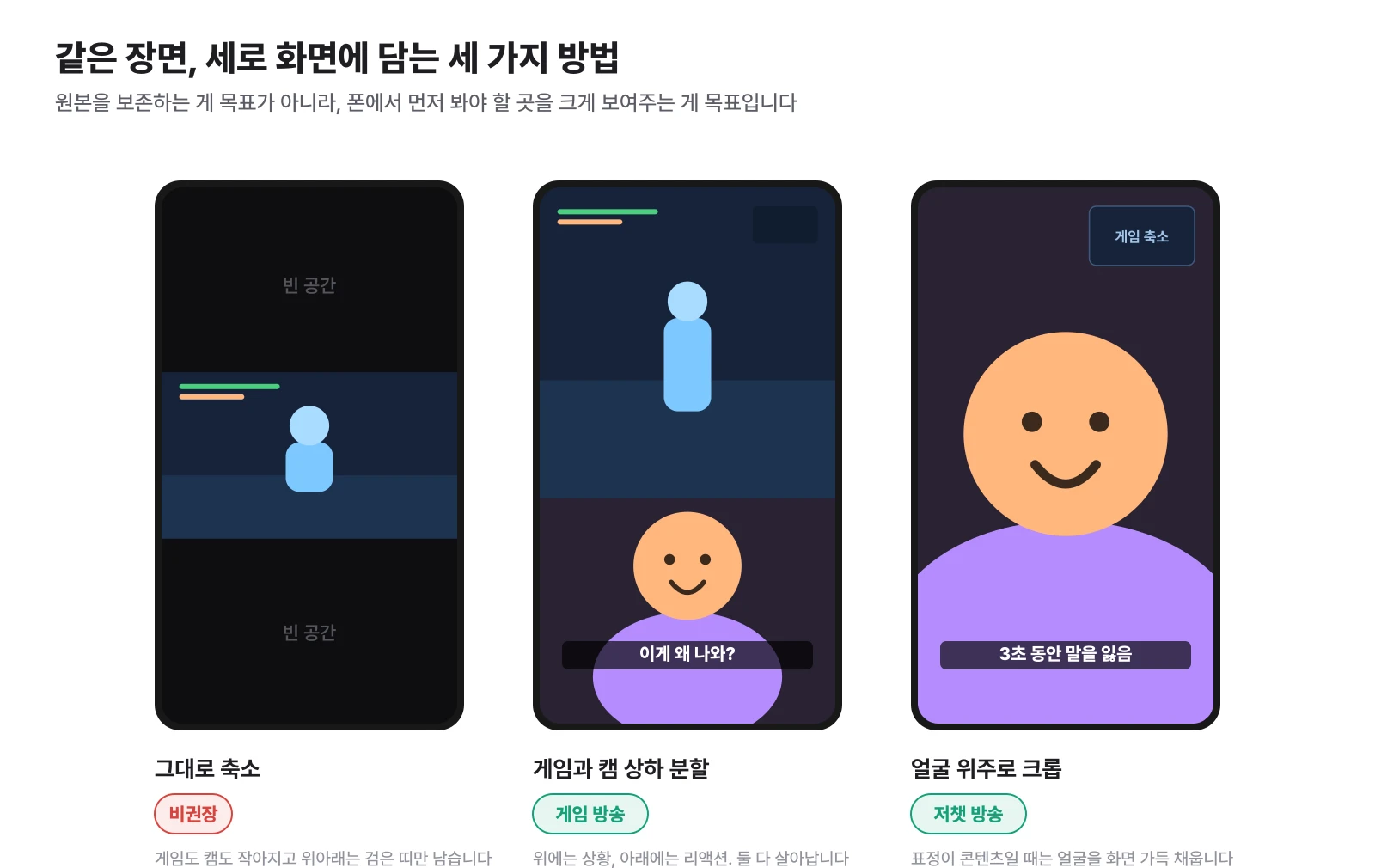 16:9 방송 화면을 세로 쇼츠로 옮기는 세 가지 배치 방법 비교